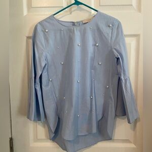 LOFT sky blue blouse with pearl decals, size XS